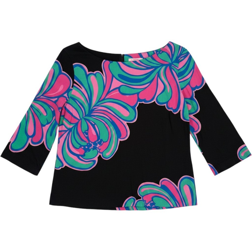 Lilly Pulitzer Blouse Womens 14 Black Pink Floral Excellent 3/4 Sleeve Boatneck